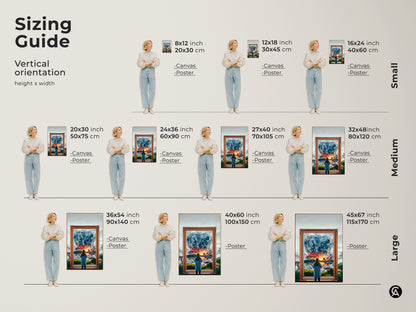 Sizing Guide for Fantasy Art Prints. Vertical orientation options include small medium and large sizes. Each canvas and poster features a surreal woman gazing into a crystal world. Find the perfect fit for eclectic bedroom decor and unique wall art.