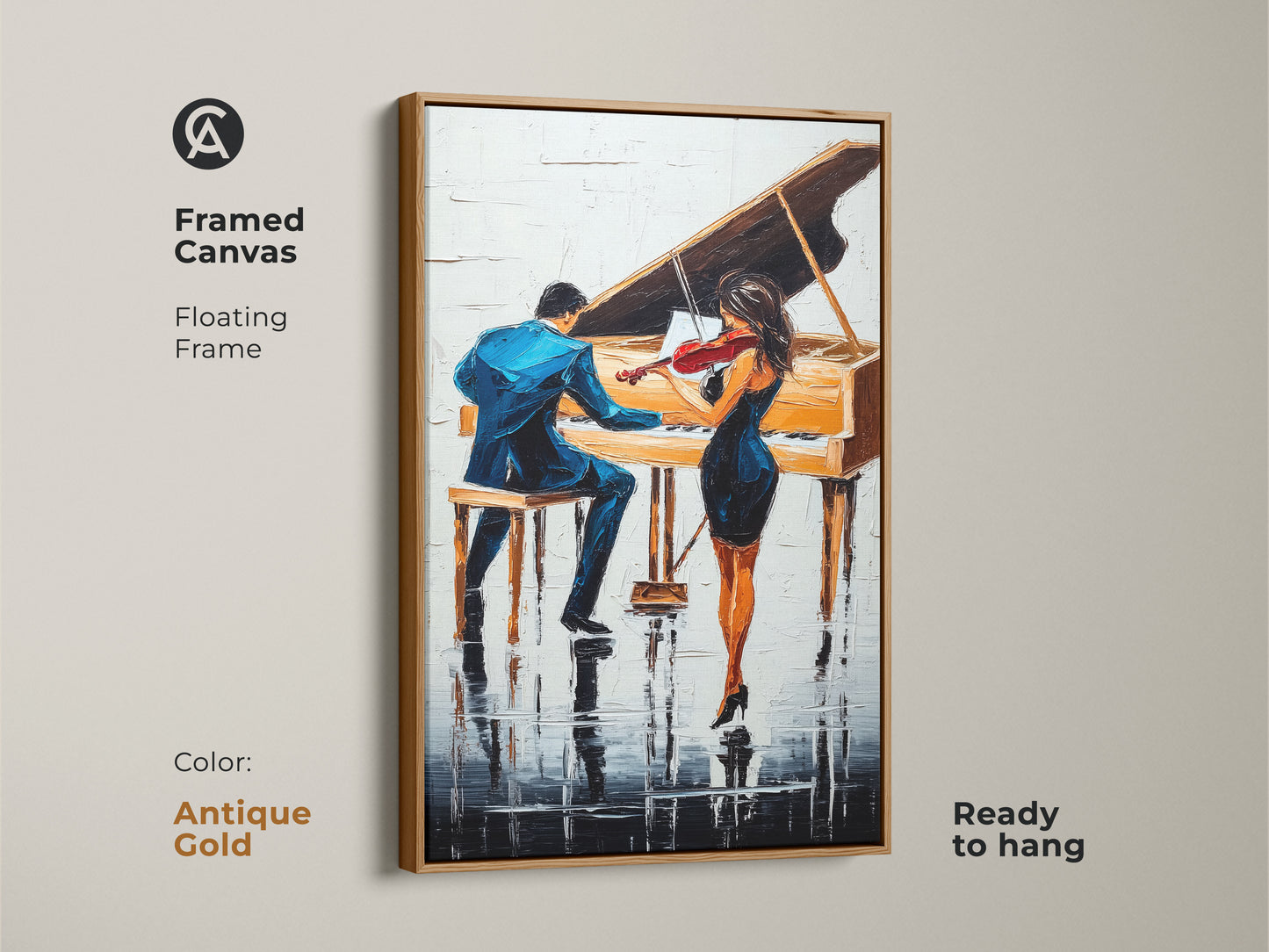 This framed canvas shows abstract piano art. It's ready to hang in a floating antique gold frame. This piece accents a residential music decor. The art is a thoughtful gift for music lovers.