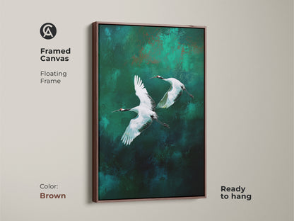 Framed canvas with a brown floating frame showing cranes in flight. Emerald green and teal abstract art complement any room. This modern nature artwork is ready to hang and enjoy.