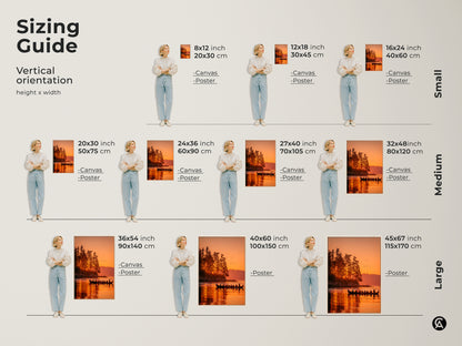 Explore the vertical orientation sizing guide for this beautiful sunset and canoe artwork. Visualize the art in various sizes from small to large. See how the canvas and poster options fit in your space. Choose the perfect size to enhance your home decor. Shop canvas and poster prints.