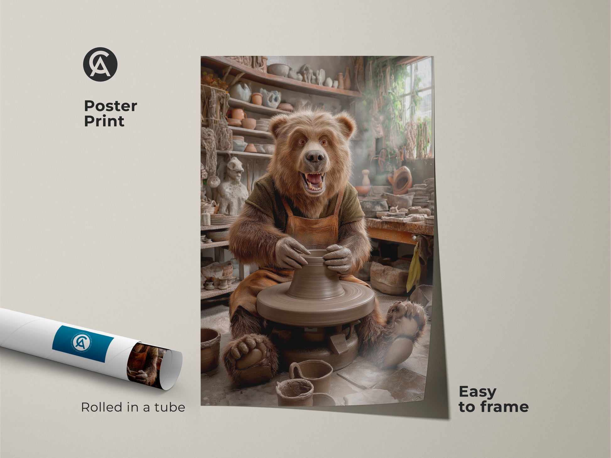 Poster print of a bear working at a pottery wheel. Rolled in a tube for easy framing. Realistic animal artwork in earthy tones. Ideal for a studio workshop or creative space. A thoughtful gift for ceramic artists a kiln art print or animal making clay.