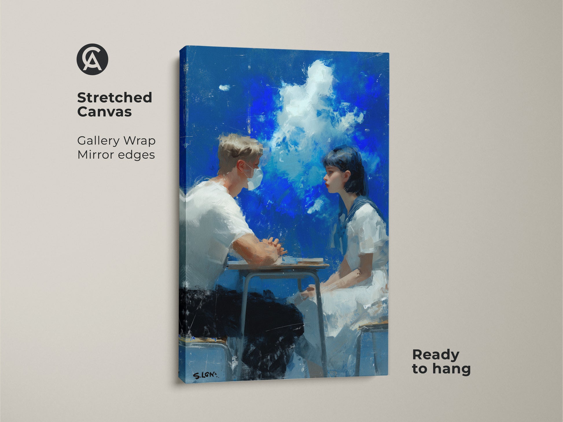 Stretched canvas artwork featuring a young couple. The gallery wrap has mirrored edges. Ready to hang this art piece showcases an oil painting of a boy and girl. They sit at a table with a cloudy blue sky behind them. Enhance your home decor with this contemporary artwork.