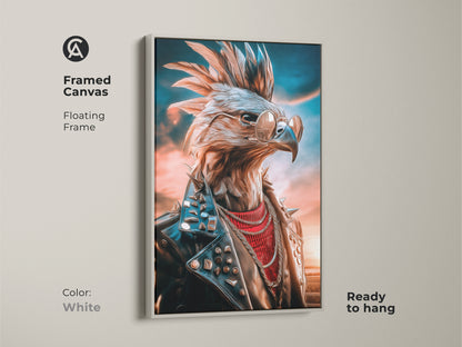 This framed canvas features a punk rock eagle wall artwork. The floating frame is in white and ready to hang. It is a unique animal wall decor and perfect rock music fan gift. The eagle wears sunglasses and a studded leather jacket.