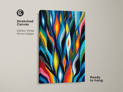 A Stretched Canvas Gallery Wrap featuring an abstract flame leaf artwork is ready to hang. The modern organic geometric art has deep blues bright oranges and yellows. This eclectic wall decor makes a statement.