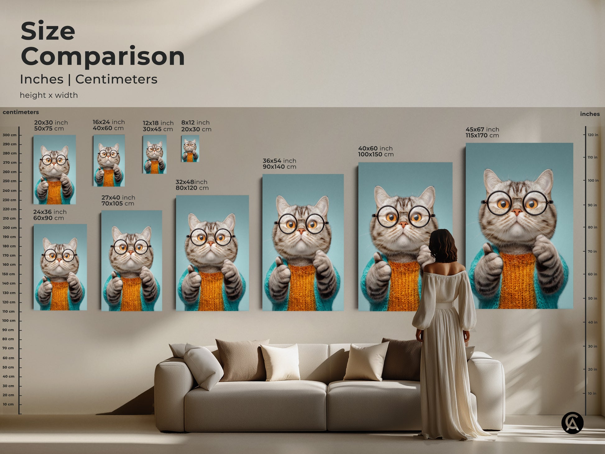 Compare sizes of this quirky cat art in inches and centimeters. Visualize the art in a living room setting. See how the funny animal canvas print complements your decor. Choose the perfect size for your space. This eclectic piece is a great gift for cat moms.