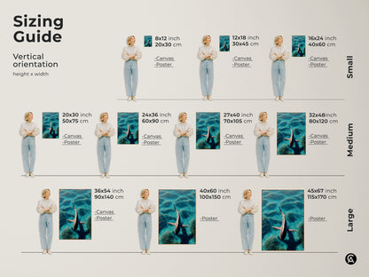 Explore the sizing guide for vertical photorealistic shark artwork. See how canvas and poster prints fit in different spaces. Visualize small medium and large sizes with a person for scale. Find the perfect contemporary turquoise ocean waves art for your home.