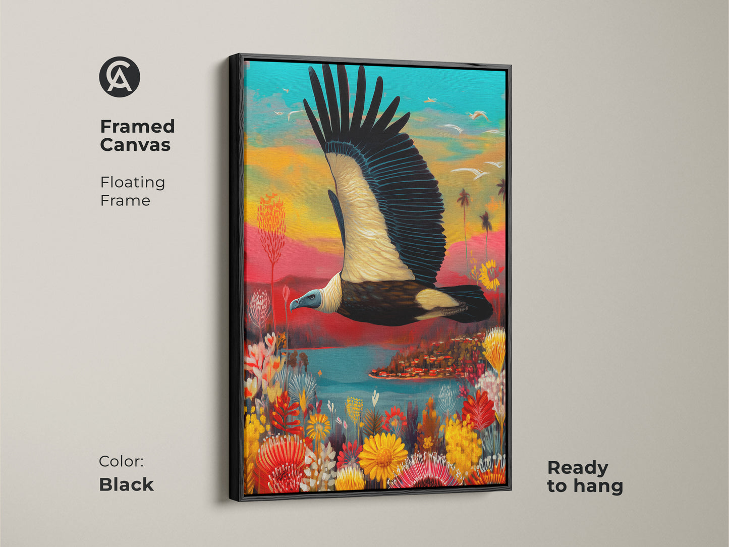 Black framed canvas art of a vulture in tropical paradise. The artwork is a colorful wildlife canvas print. It is a great eclectic fantasy landscape art for bird watchers. Ready to hang.