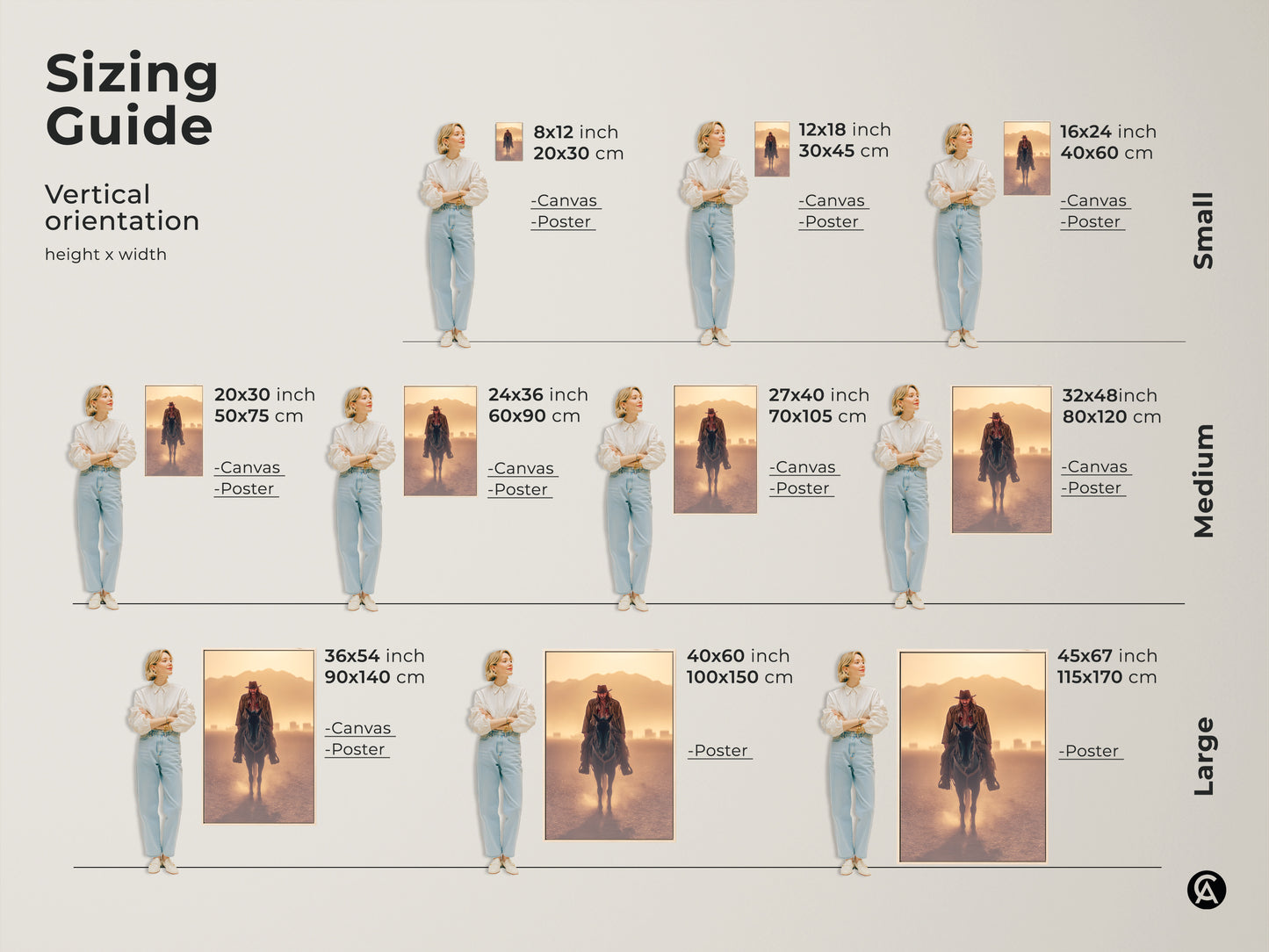 Sizing guide for vertical cowboy art featuring a cowboy on horseback. Available as canvas or poster in small medium and large sizes. Ranging from 8x12 inch to 45x67 inch. The rustic western art with goldenrod orange tan landscape enhances any space.