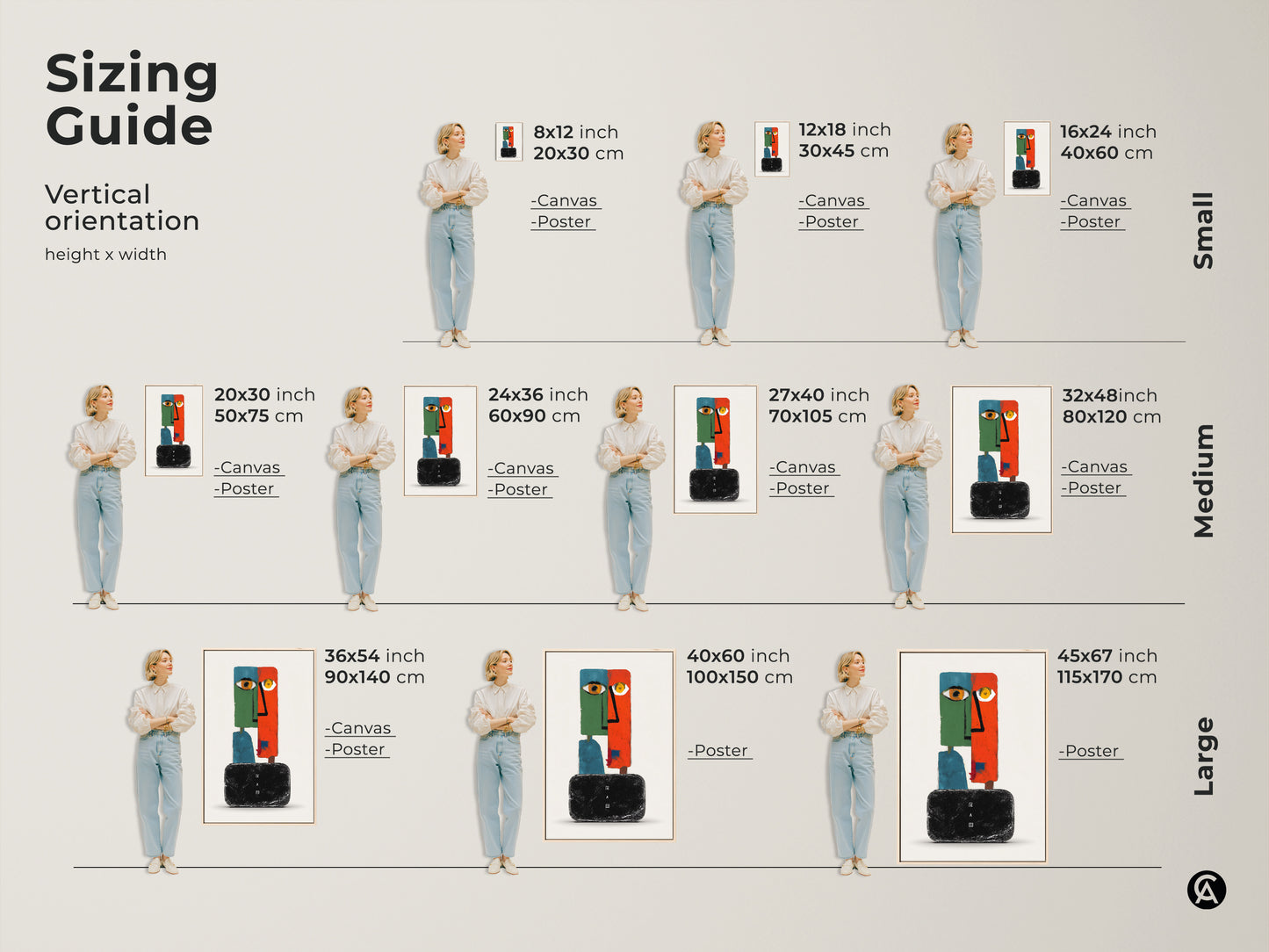 Sizing guide for modern abstract face art prints. Vertical orientation options are available in small medium and large sizes. This surreal wall decor fits any space. The eclectic orange green teal artwork is perfect for a bedroom or living room. Find the ideal size for your unique home decor.