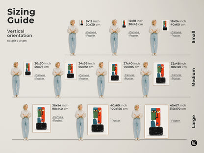 Sizing guide for modern abstract face art prints. Vertical orientation options are available in small medium and large sizes. This surreal wall decor fits any space. The eclectic orange green teal artwork is perfect for a bedroom or living room. Find the ideal size for your unique home decor.