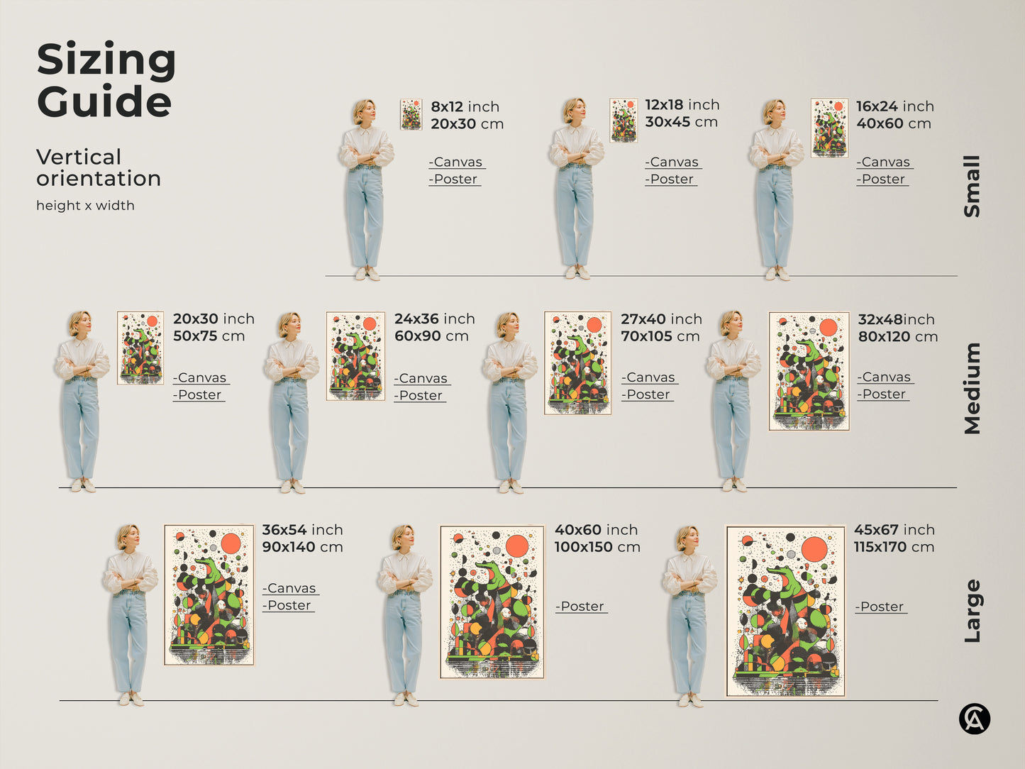 Sizing guide showing a person standing next to various sizes of abstract crocodile artwork. The retro animal canvas prints feature green geometric shapes. This canvas and poster art is perfect for eclectic office decor.