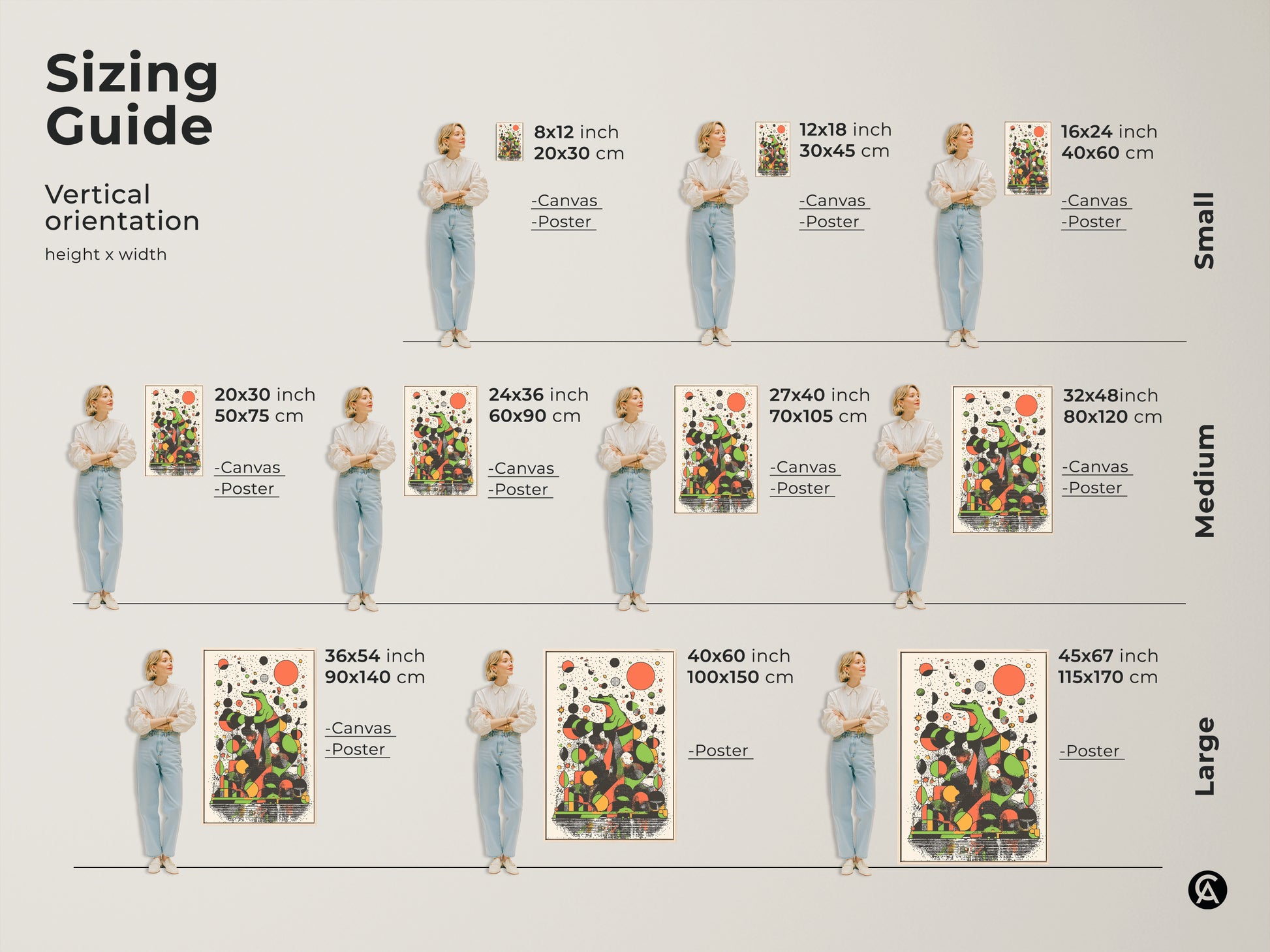 Sizing guide showing a person standing next to various sizes of abstract crocodile artwork. The retro animal canvas prints feature green geometric shapes. This canvas and poster art is perfect for eclectic office decor.