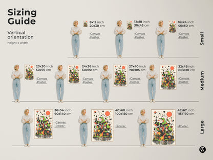 Sizing guide showing a person standing next to various sizes of abstract crocodile artwork. The retro animal canvas prints feature green geometric shapes. This canvas and poster art is perfect for eclectic office decor.