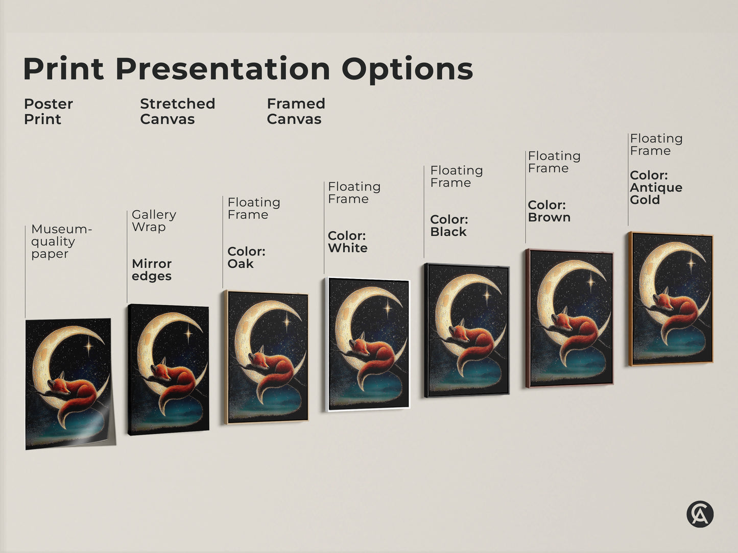 Presentation options for celestial nursery art. Poster prints stretched canvases and framed canvases are displayed. Available with different frame colors. Pick the perfect dreamy fox moon art for your space.