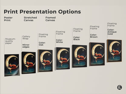 Presentation options for celestial nursery art. Poster prints stretched canvases and framed canvases are displayed. Available with different frame colors. Pick the perfect dreamy fox moon art for your space.