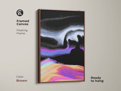 Framed canvas with a brown floating frame showcasing abstract glitch art. The surreal landscape canvas features vaporwave digital artwork in black purple and white. This piece is perfect as modern abstract print and is ready to hang. A unique wall hanging for eclectic home art.