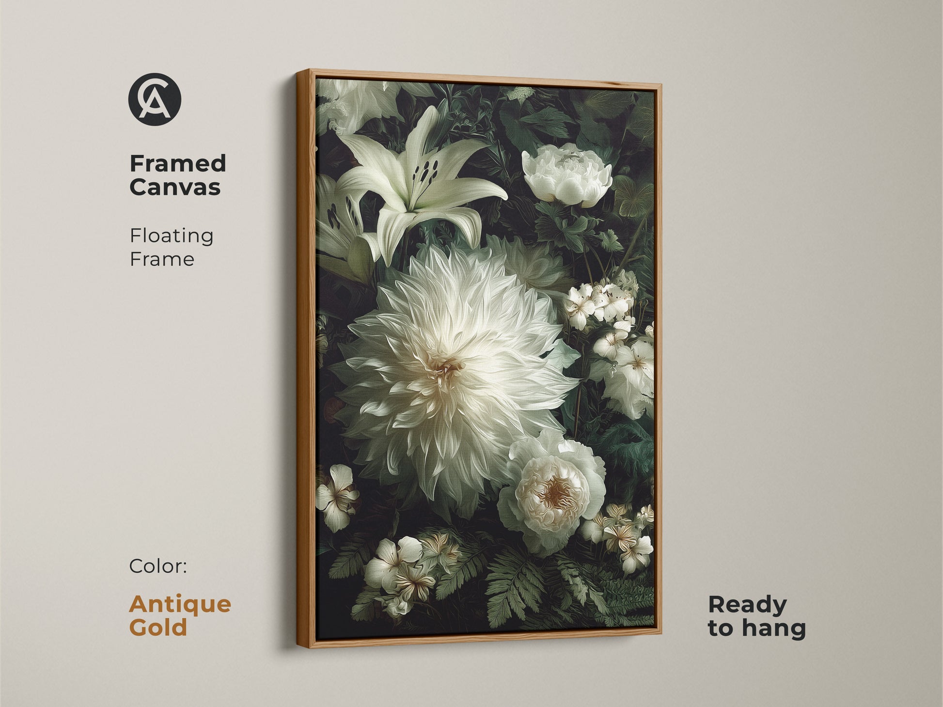 Antique gold framed canvas featuring white dahlia lilies and roses. This floating frame art is ready to hang. A luxurious floral artwork option for your home. Transform your space with this elegant artwork.
