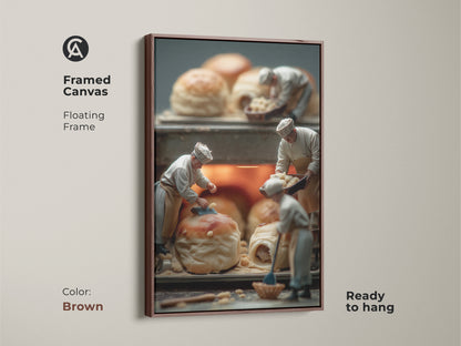 Framed canvas art print of miniature chefs baking pastries. The artwork has a brown floating frame adding warmth to the piece. This framed art is ready to hang and elevates any room. It is a beautiful addition to your art collection.