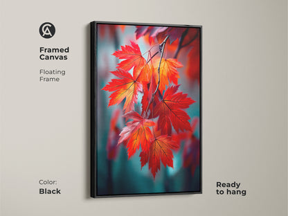 Framed canvas art featuring red maple leaves with a floating frame. The frame is black adding a modern touch. The artwork is ready to hang making decorating easy. Perfect for adding a pop of color. It is a great choice.