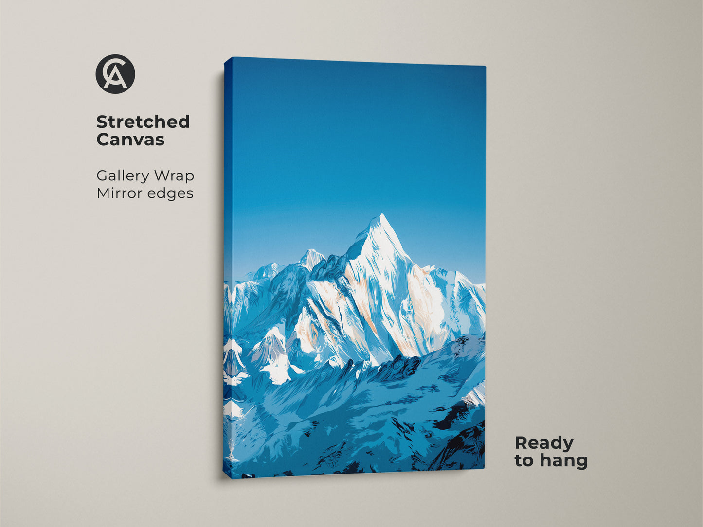 This stretched canvas showcases snowy mountain art. It's a deep blue landscape print. The modern stylized wall art adds a contemporary touch. This nature scene art print is great for wall decor. Ready to hang with gallery wrap mirror edges.