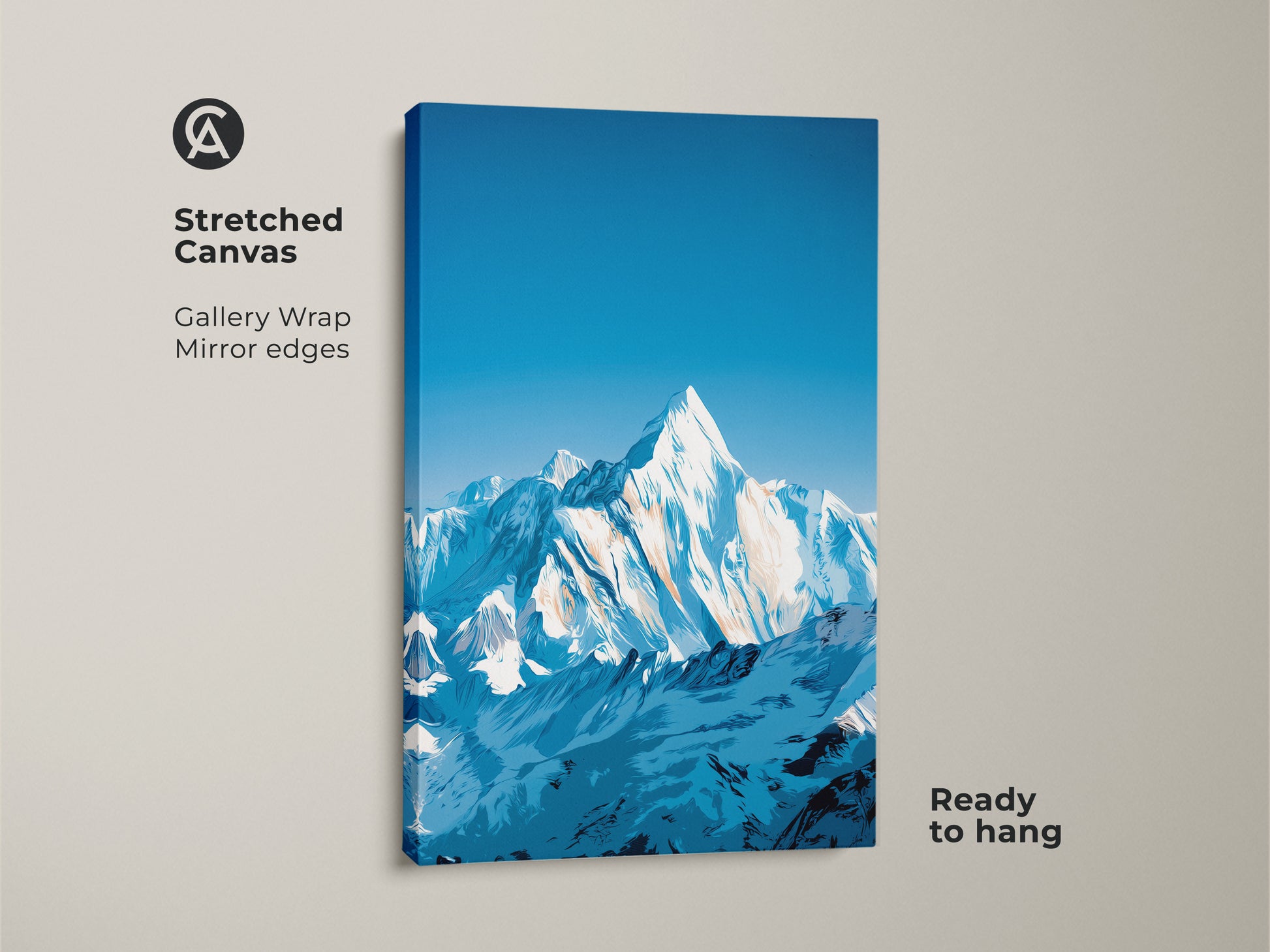 This stretched canvas showcases snowy mountain art. It's a deep blue landscape print. The modern stylized wall art adds a contemporary touch. This nature scene art print is great for wall decor. Ready to hang with gallery wrap mirror edges.