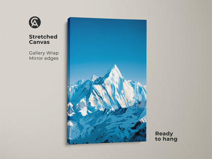 This stretched canvas showcases snowy mountain art. It's a deep blue landscape print. The modern stylized wall art adds a contemporary touch. This nature scene art print is great for wall decor. Ready to hang with gallery wrap mirror edges.