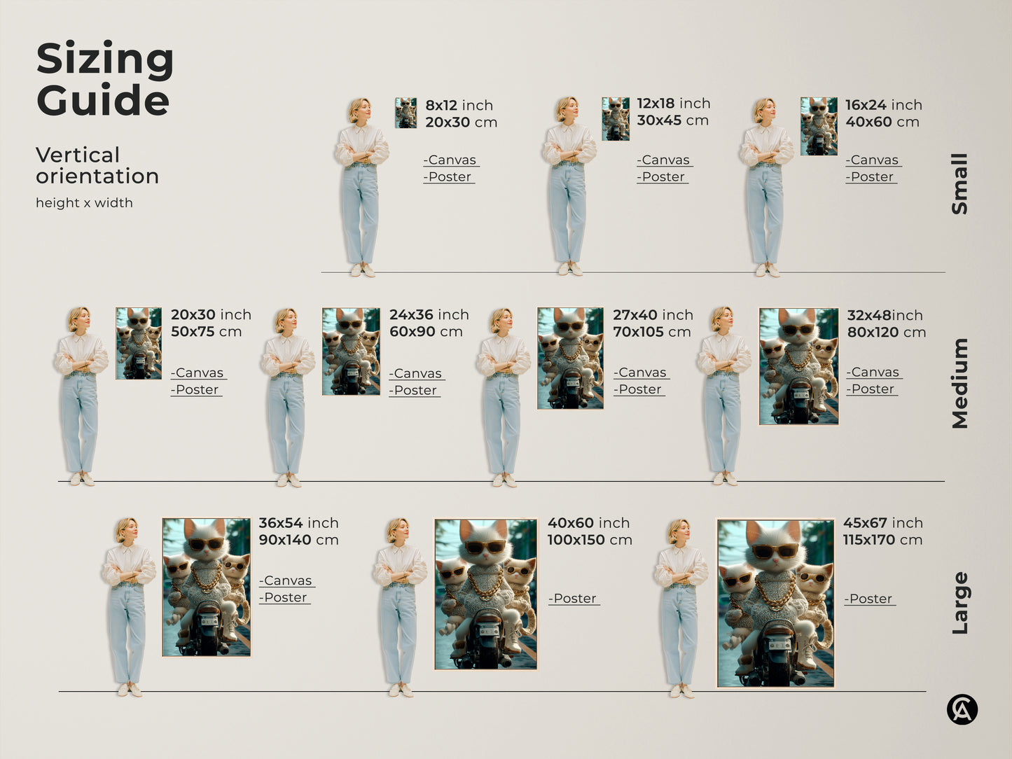 A sizing guide is displayed for the cat artwork. Vertical orientation options range from small to large. Available in canvas and poster formats. Choose the perfect size to complement your space and showcase this unique piece of art. Perfect for any room.