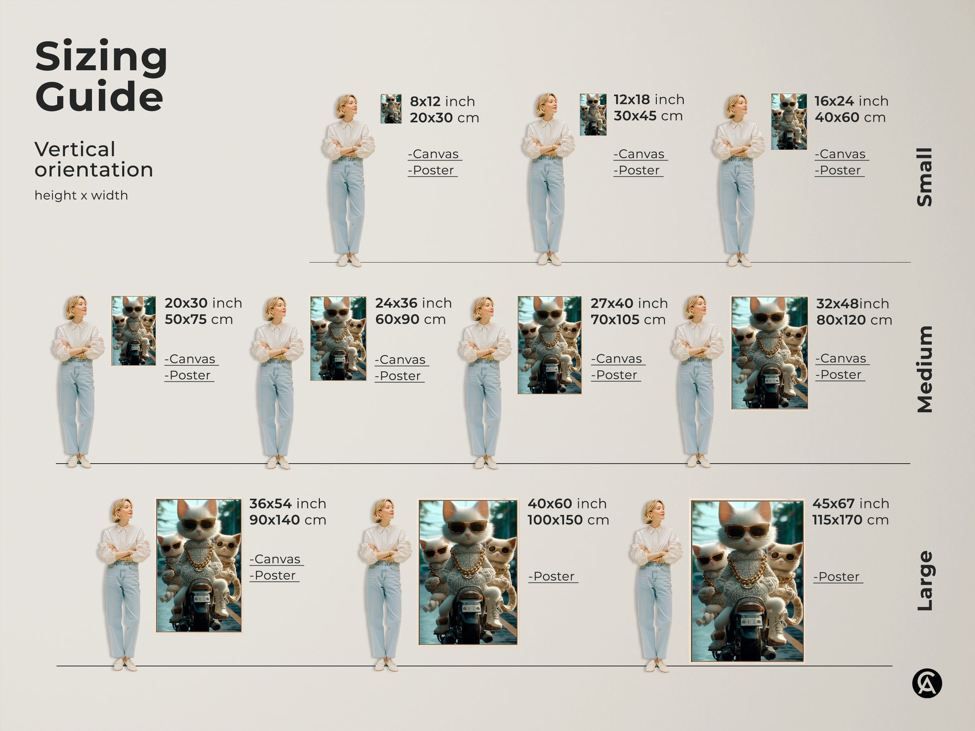 A sizing guide is displayed for the cat artwork. Vertical orientation options range from small to large. Available in canvas and poster formats. Choose the perfect size to complement your space and showcase this unique piece of art. Perfect for any room.