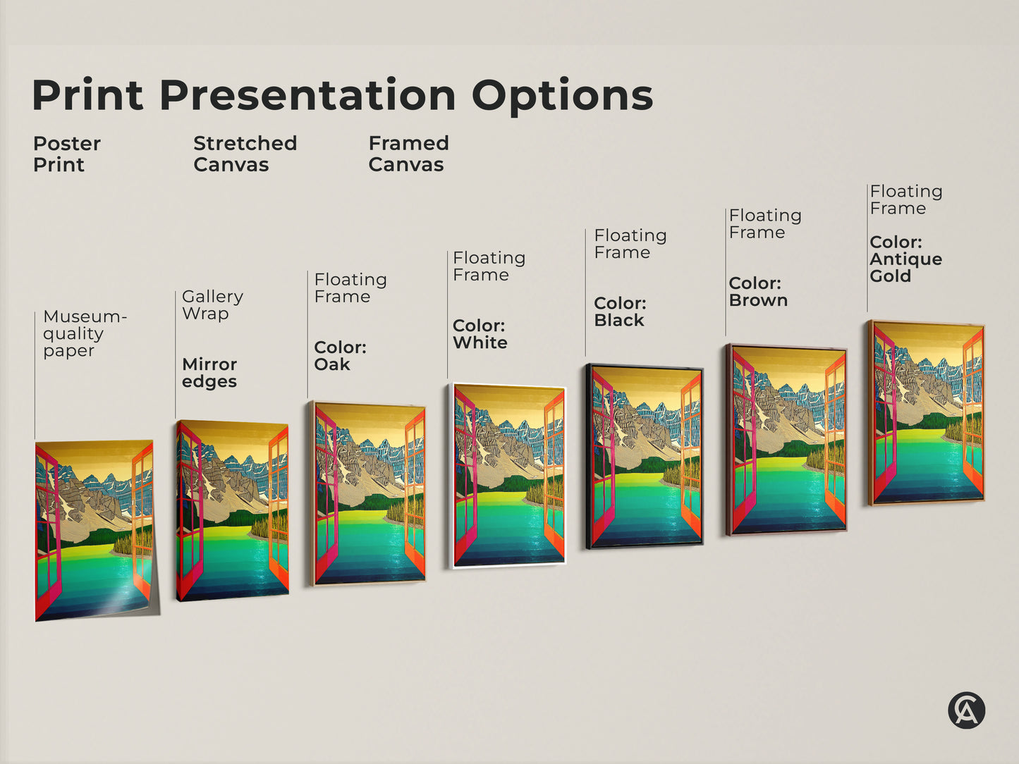 Discover various print options for the abstract mountain lake artwork. Choose from poster prints stretched canvases or framed canvases. Find the perfect presentation for your unique style.