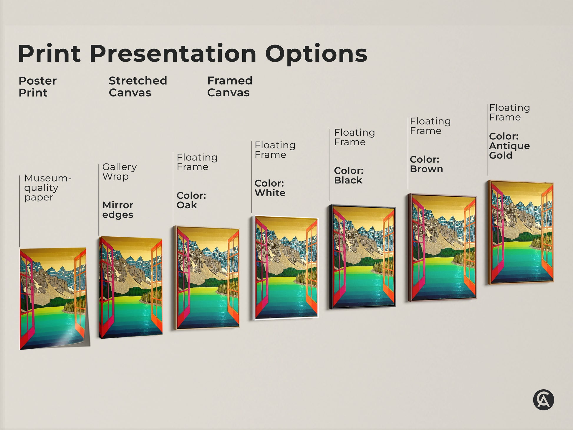 Discover various print options for the abstract mountain lake artwork. Choose from poster prints stretched canvases or framed canvases. Find the perfect presentation for your unique style.