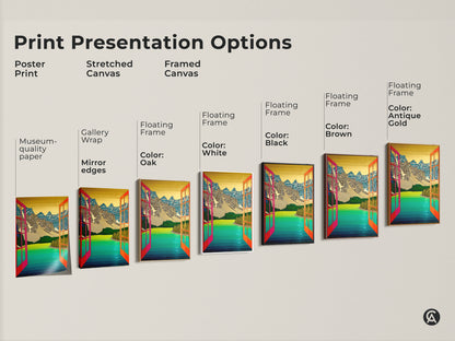 Discover various print options for the abstract mountain lake artwork. Choose from poster prints stretched canvases or framed canvases. Find the perfect presentation for your unique style.