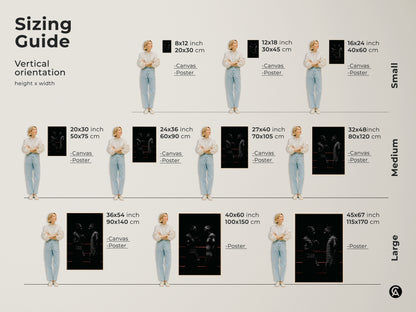 Sizing guide for minimalist boxing canvas art. Vertical orientation sizes range from small to large. Find the perfect fit for your space with our motivational boxer wall art. Transform your home with this black and white industrial loft decor. Ideal for office workspace or home gym.