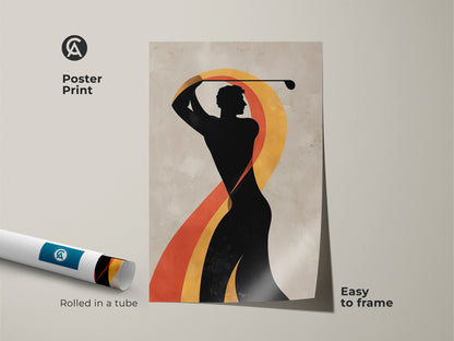 Rolled poster print of retro abstract golf swing. Easy to frame sports canvas art. The mid-century modern golfer art print is perfect as office wall art or as a Father's Day gift.