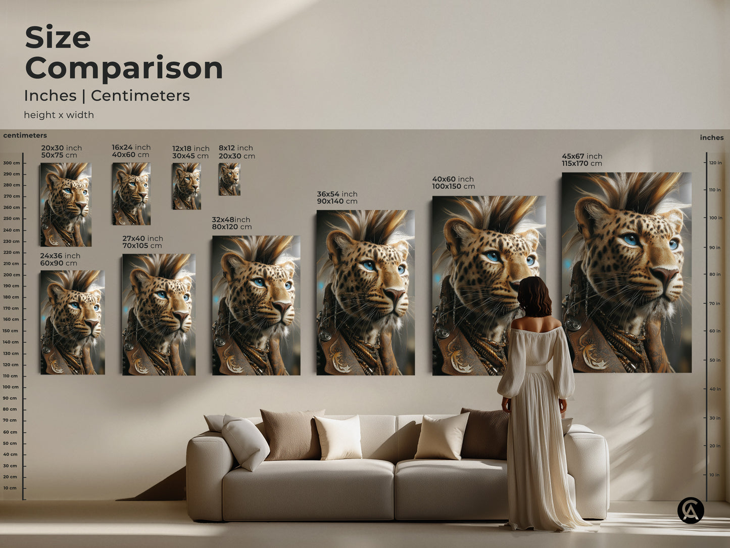 Size comparison of the fantasy Leopard artwork. See the art in inches and centimeters. This image helps to decide what size to purchase for your space. This gold brown decor is stunning.