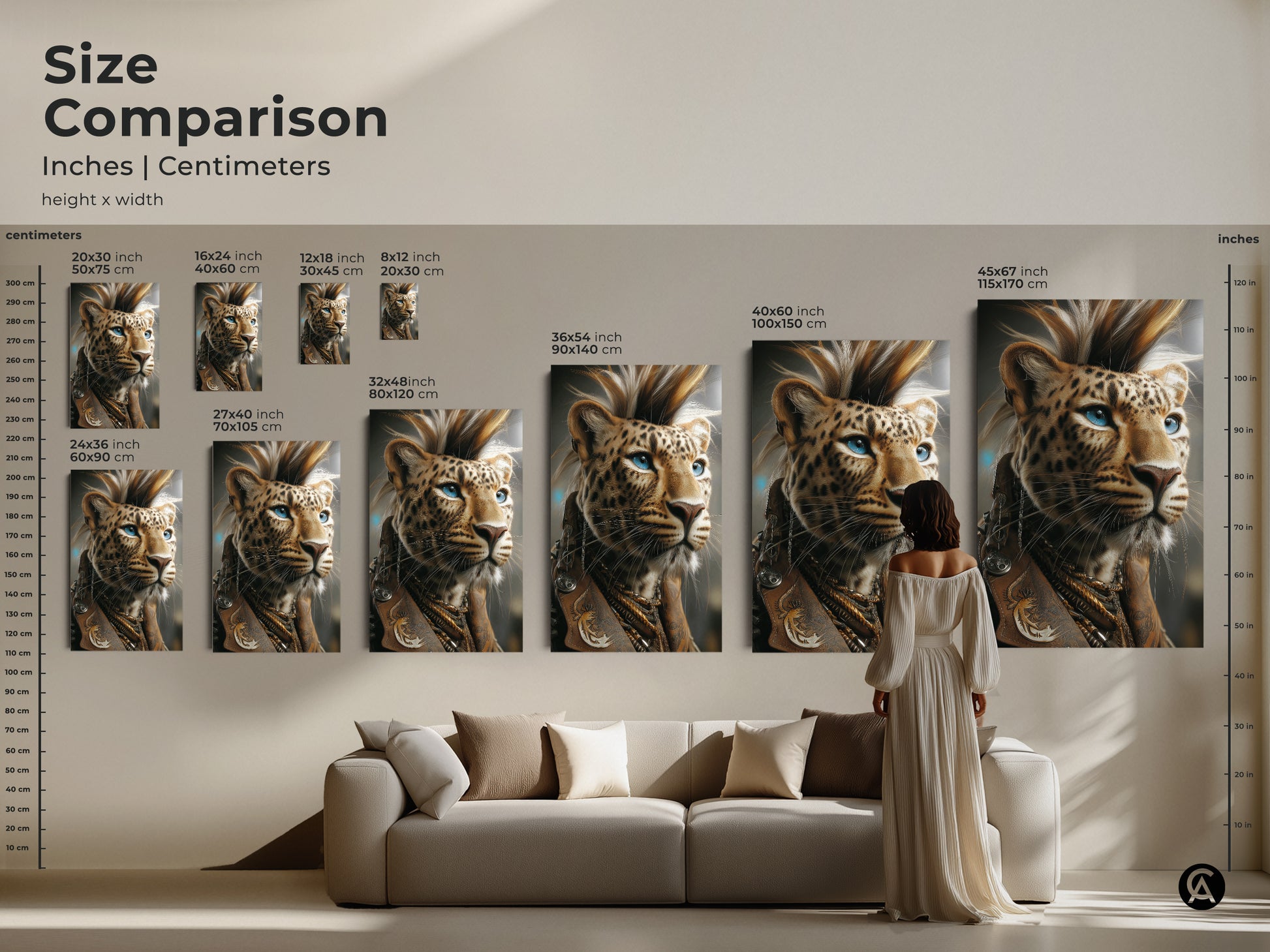 Size comparison of the fantasy Leopard artwork. See the art in inches and centimeters. This image helps to decide what size to purchase for your space. This gold brown decor is stunning.