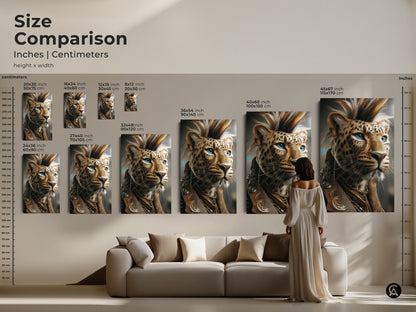 Size comparison of the fantasy Leopard artwork. See the art in inches and centimeters. This image helps to decide what size to purchase for your space. This gold brown decor is stunning.