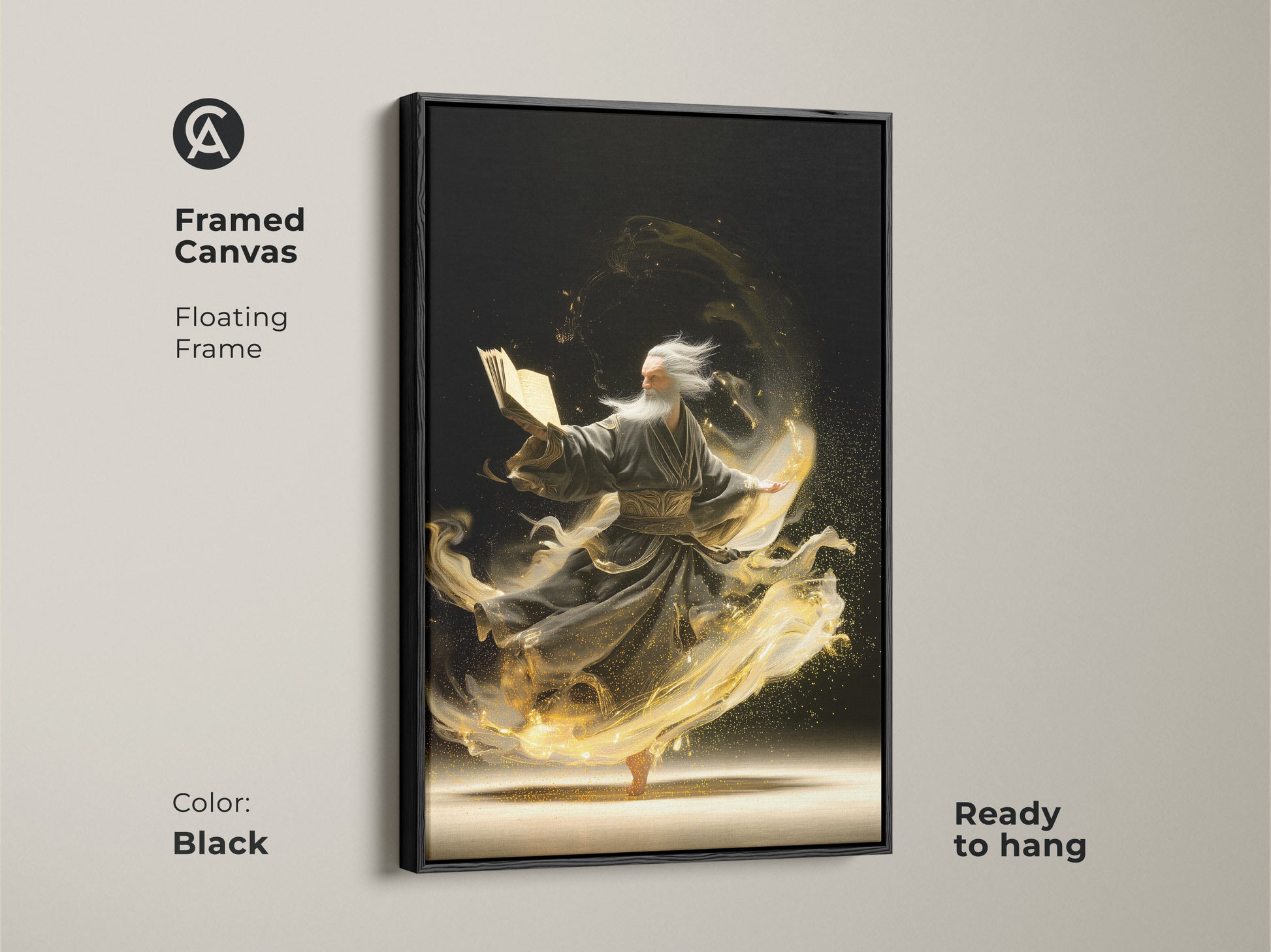 A framed canvas print features an elderly man engrossed in a magic book. This spiritual artwork has swirling golden energy. The black floating frame is ready to hang. It adds an eclectic touch to any home decor. It makes a unique gift.