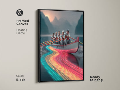A framed canvas shows a rowing team. The floating frame is ready to hang. This sports themed artwork could be used as office artwork. The modern abstract painting is displayed in a black floating frame.