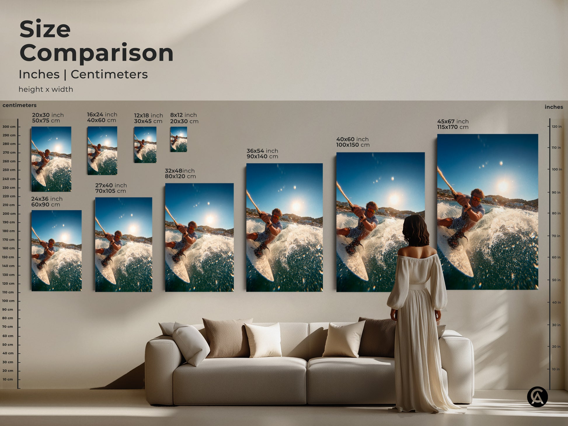 Compare sizes of wakeboarding artwork in inches and centimeters. Visualize how each piece fits in your space. Ranging from small to large this artwork enhances any living room. Select the perfect size for your home.