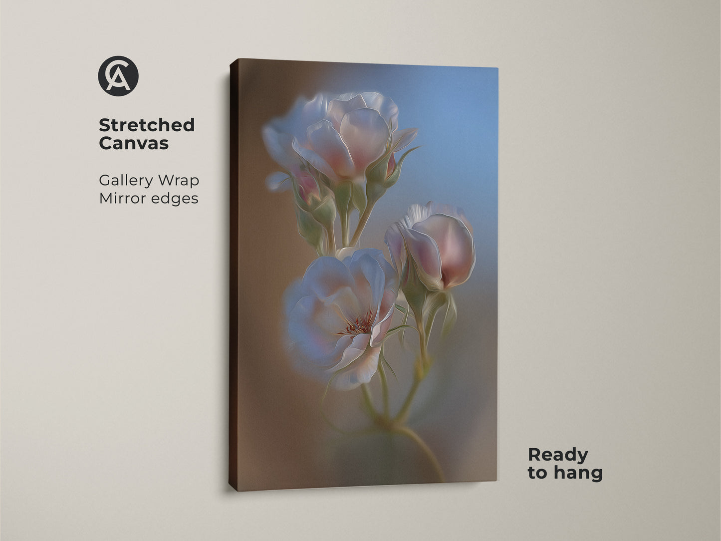 A soft focus rose canvas print. This impressionistic floral wall art features pink white and blue botanical art. It makes romantic bedroom wall decor. This is a perfect anniversary gift for a wife. The canvas comes ready to hang.