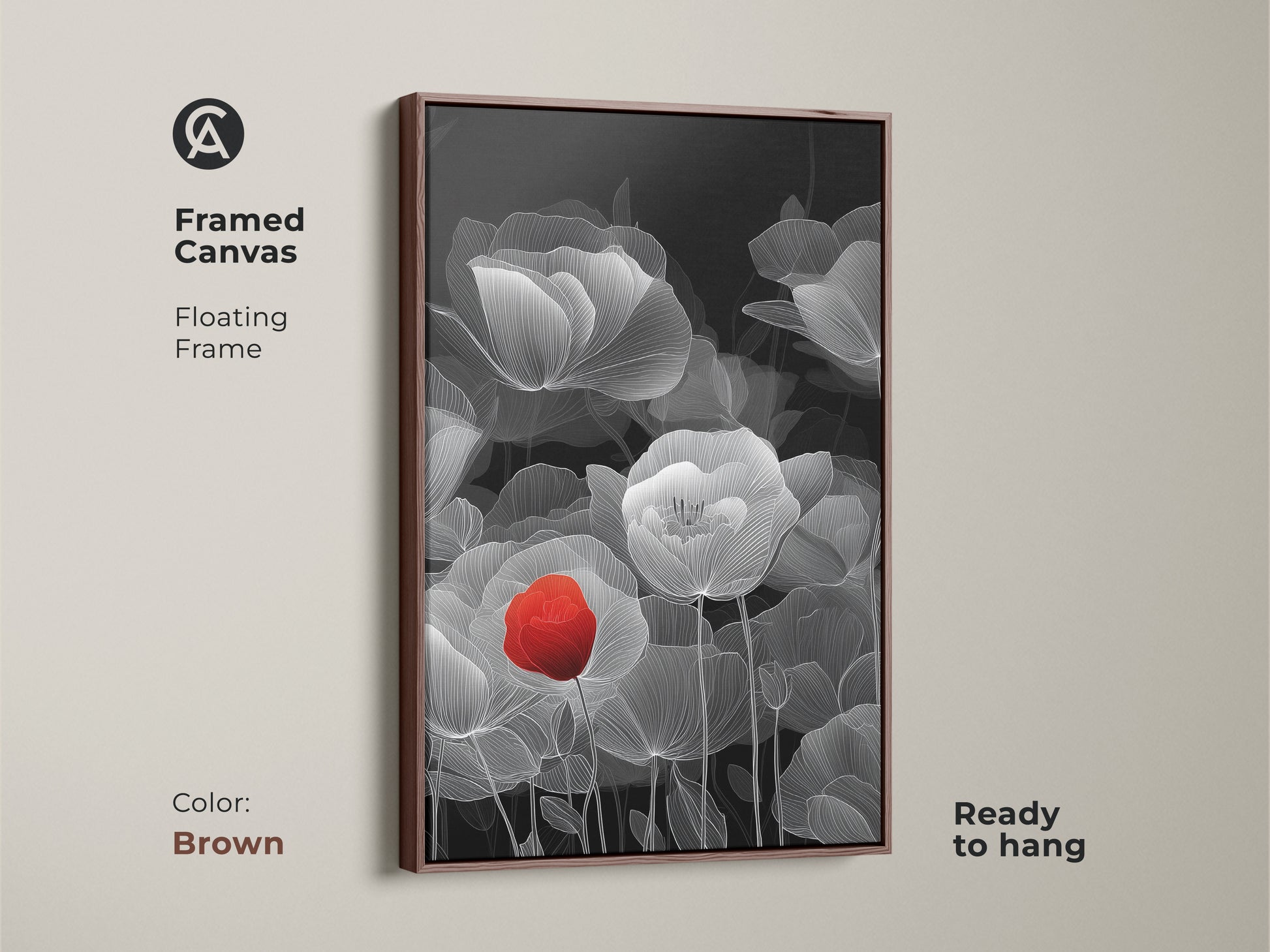 Brown framed canvas displaying abstract botanical line art. A red poppy contrasts with the black and white floral motifs. Ready to hang this minimalist art enhances modern home decor. It's a nature-inspired wall art perfect for plant lovers.