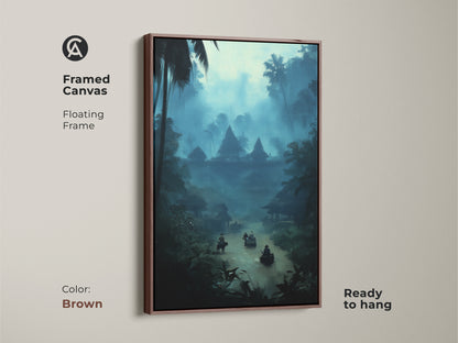 Framed canvas art in a brown floating frame. This bohemian landscape print depicts a misty blue jungle river. It is ready to hang and enhances any travel-inspired decor. The deep teal artwork evokes a sense of cultural immersion. Notice the village scene.