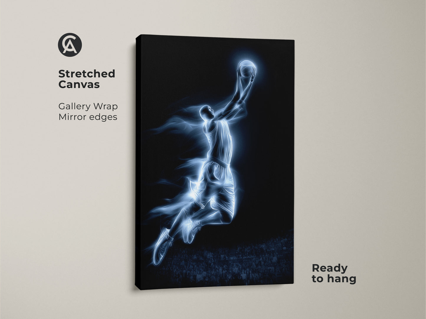 Stretched canvas art. This artwork shows a basketball player dunking. It is a gallery wrap with mirrored edges. The canvas is ready to hang. Buy the basketball art today