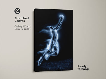 Stretched canvas art. This artwork shows a basketball player dunking. It is a gallery wrap with mirrored edges. The canvas is ready to hang. Buy the basketball art today