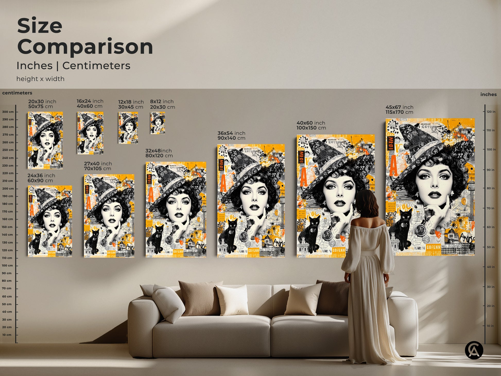 A size comparison of art prints featuring a witch and black cat collage. Visualize each size in inches and centimeters. Choose the perfect dimensions for your space from small to large canvas or poster prints