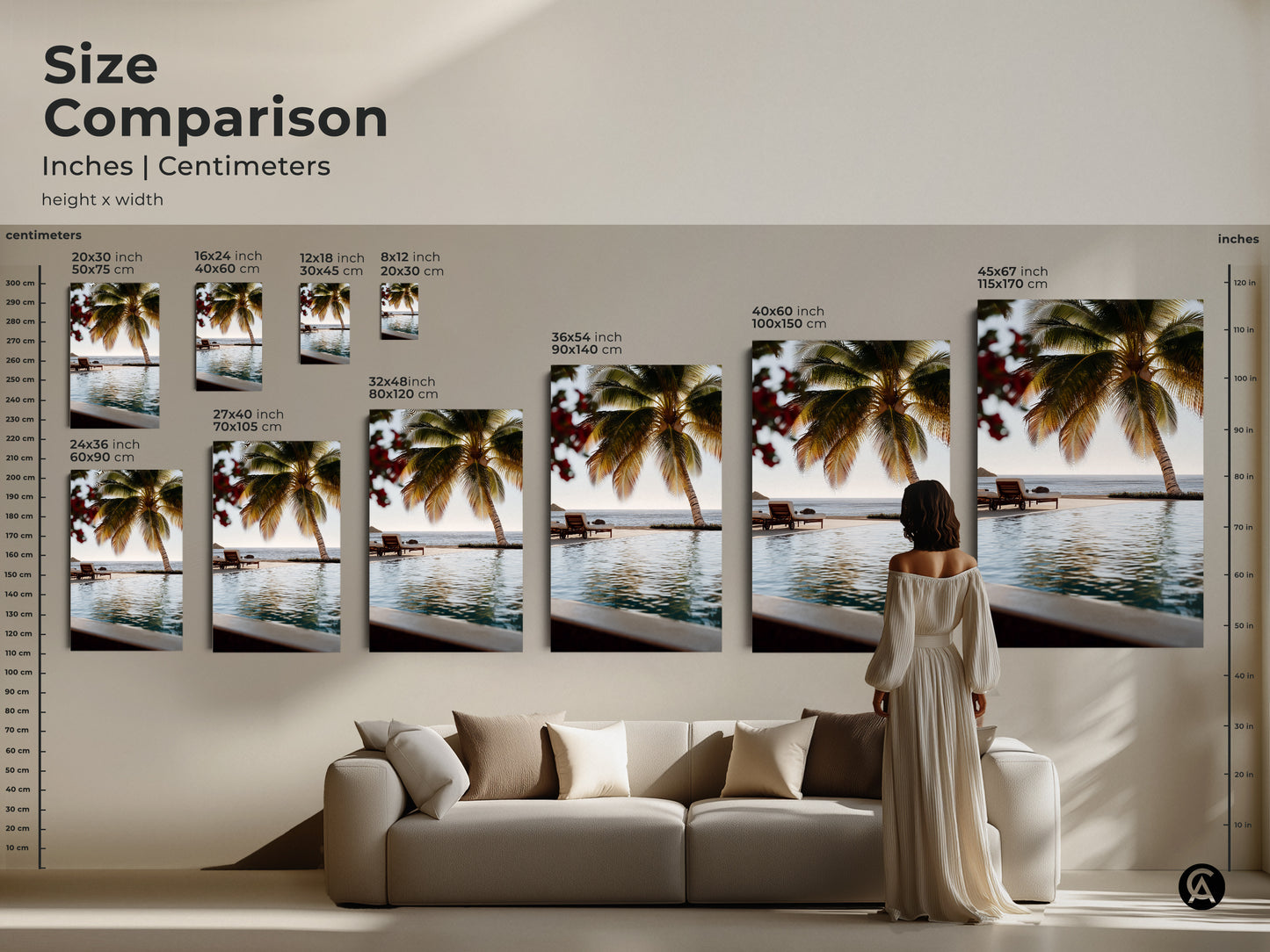Size Comparison of Beachside Paradise Canvas Art. See the various sizes in inches and centimeters. This tropical palm tree and teal ocean view artwork is perfect for any space. Choose the ideal size for your living room or bedroom. Create a serene atmosphere.