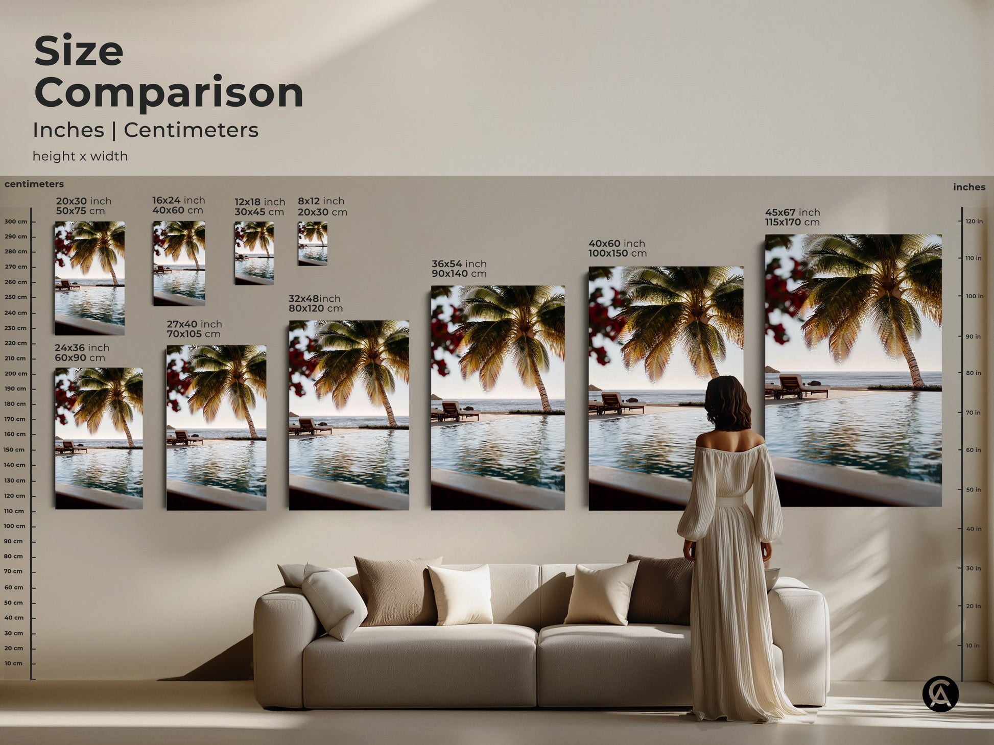Size Comparison of Beachside Paradise Canvas Art. See the various sizes in inches and centimeters. This tropical palm tree and teal ocean view artwork is perfect for any space. Choose the ideal size for your living room or bedroom. Create a serene atmosphere.