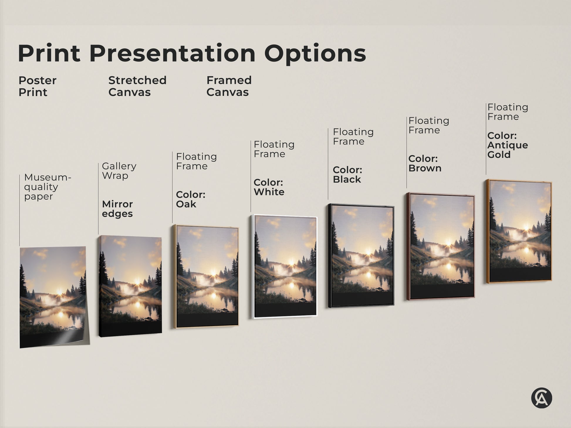Print presentation options showcasing forest sunrise art. Includes poster print stretched canvas and framed canvas. Various frame colors available. Find the perfect rustic landscape print for your home.