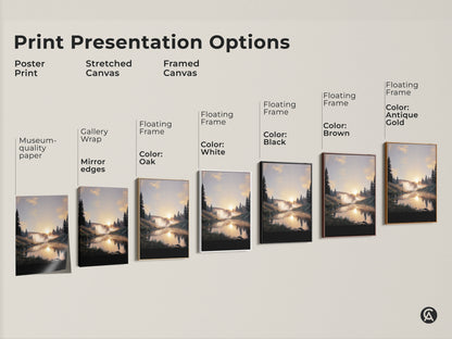 Print presentation options showcasing forest sunrise art. Includes poster print stretched canvas and framed canvas. Various frame colors available. Find the perfect rustic landscape print for your home.