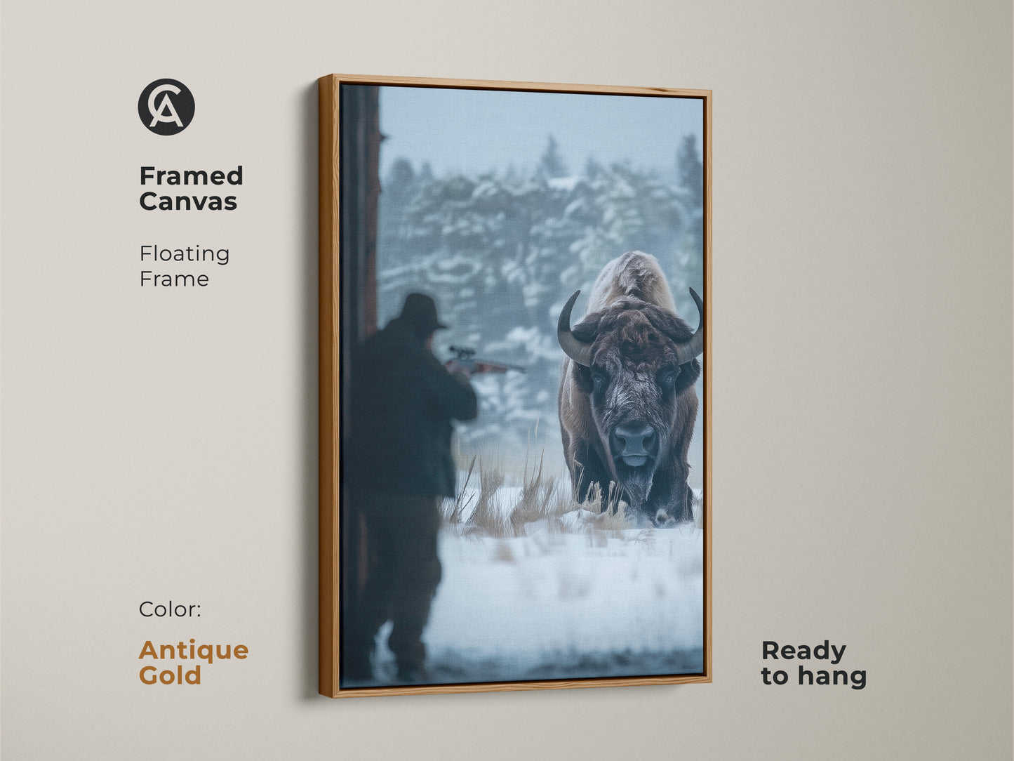 Framed canvas artwork of a hunter aiming at a bison. The antique gold floating frame enhances this wildlife art. Ready to hang this canvas adds sophistication to any room. Perfect for art collectors. This unique piece captures a dramatic moment. Shop now.